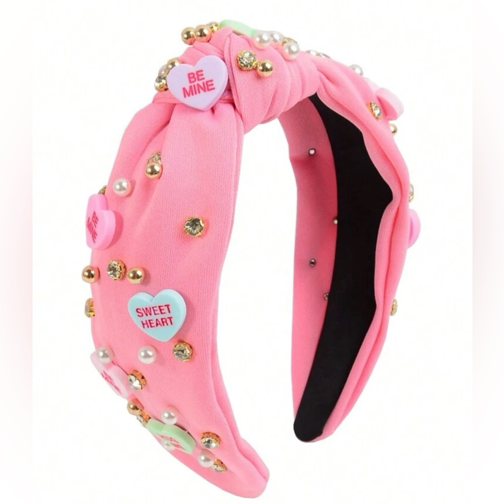 Conversation Heart and Pearl Pink Valentines Day Fabric Knot Headband